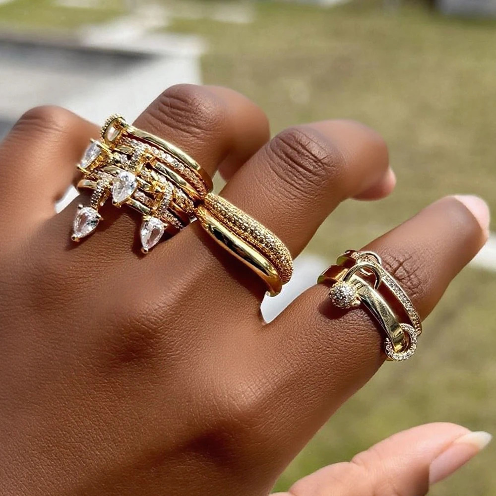 Gold Color Micro Pave Cubic Zirconia Drop CZ finger rings Wedding Accessories Fashion Multi Layer Dome Jewelry for Women 251023 - view 3
