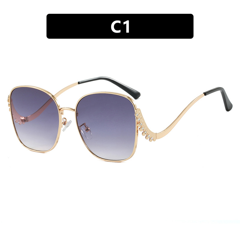 2025 Crystal Accent Square Sunglasses for Women Curved Temple Metal Frame UV 400 Bold Fashion Shades