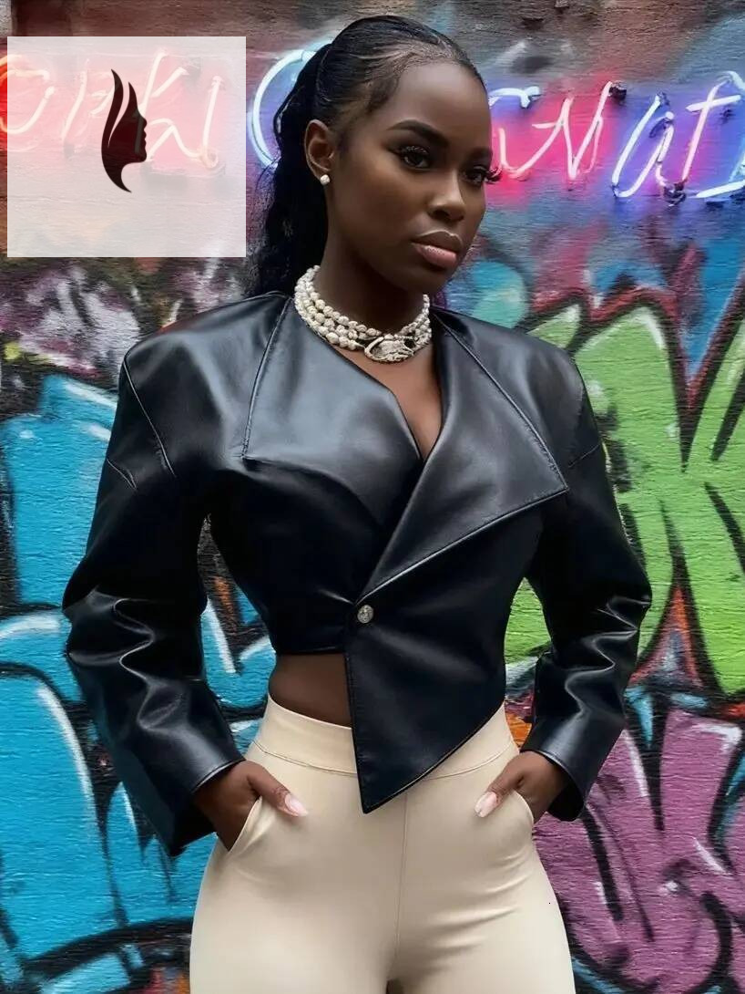 winter jacket women Sisterlinda Faux Leather Single Button Crop Jacket Women Autumn Trend Cross Neck Full Sleeve Wild Style Classic Streetwear Coat