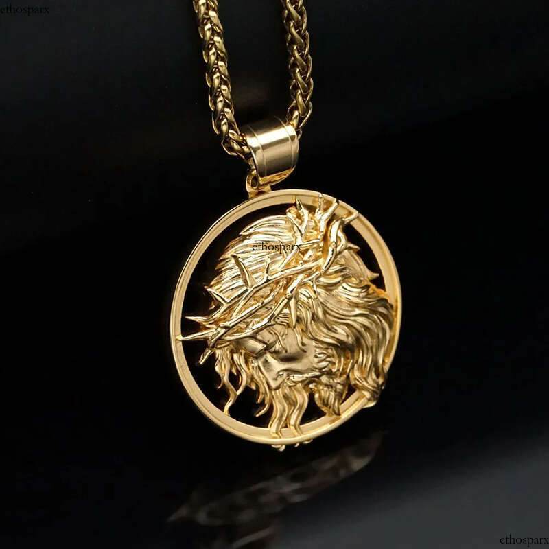 Stainless Steel Jesus Face Pendant Necklace Gold Plated Men Religious Jewelry