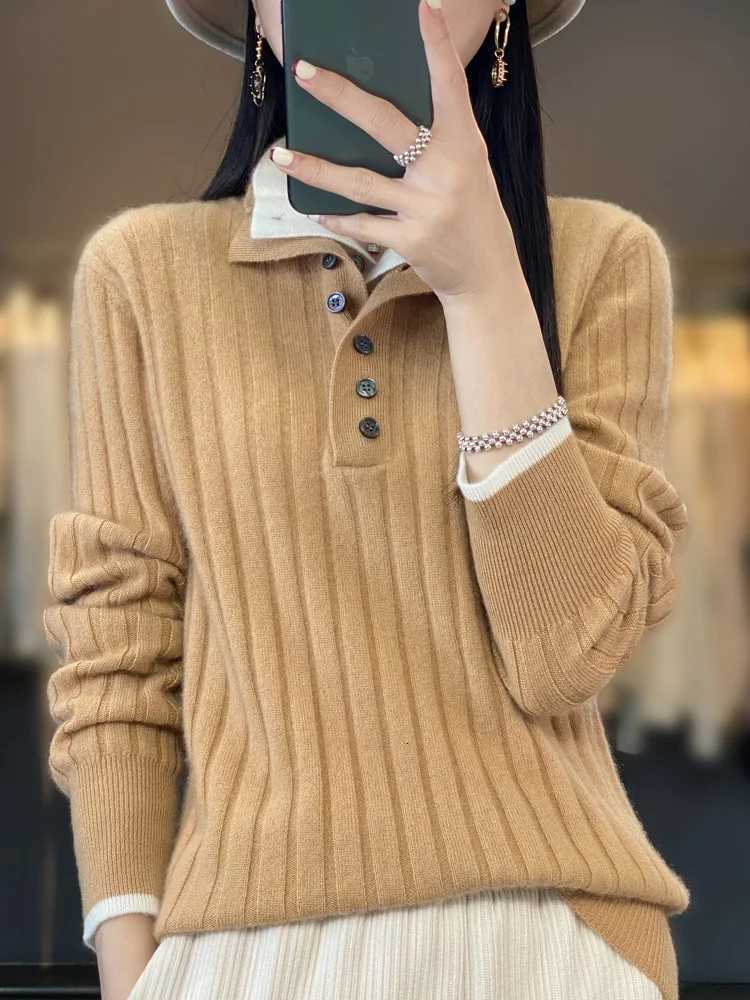 2024 High Quality Women Autumn Winter Casual Turndown Collar Pullover Cashmere Sweater 100 Merino Wool Knitwear Clothing TopsT251027