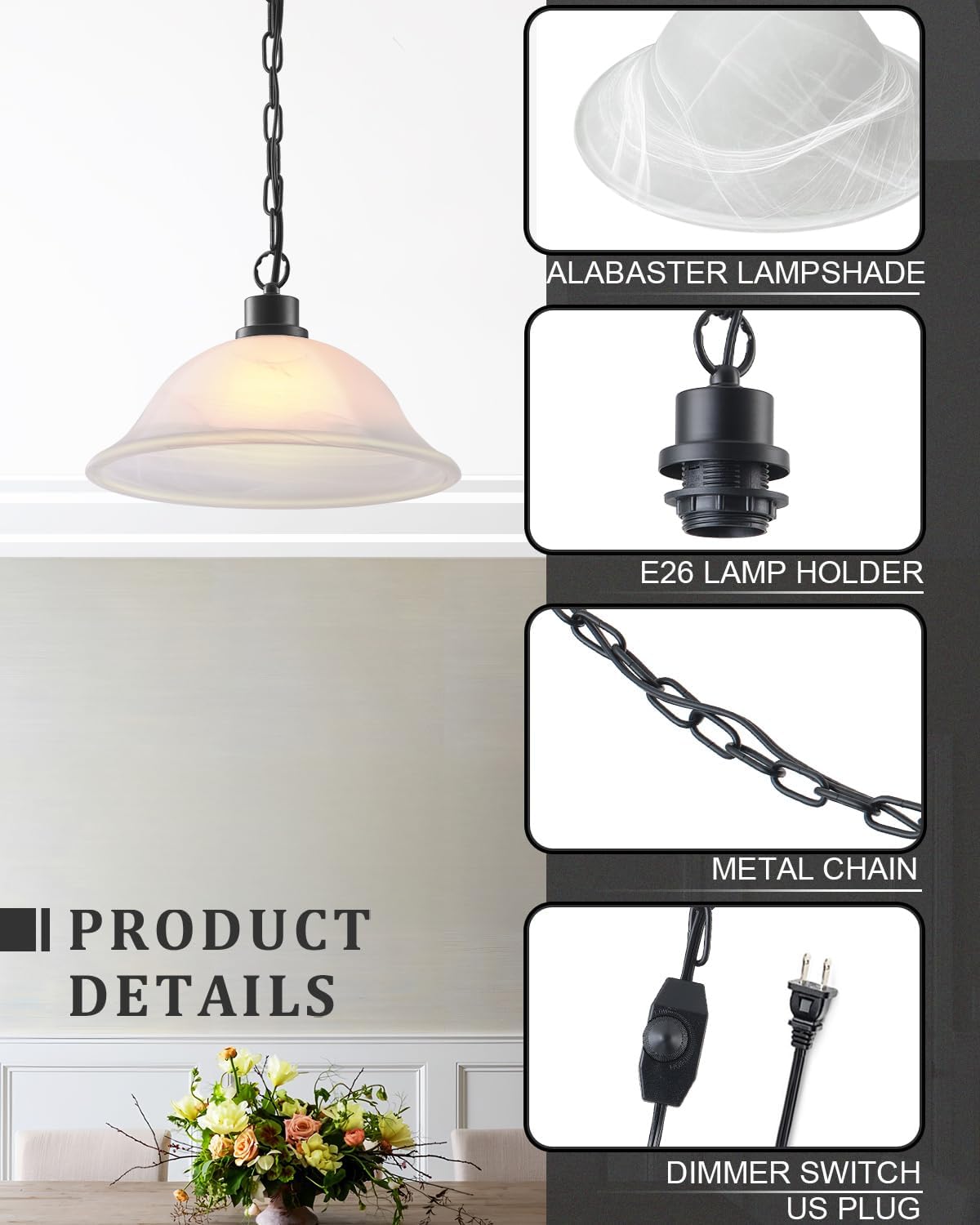 Frosted Alabaster Plug in Pendant Light,12" Glass Shade,Black Chain,Adjustable Pendant Light,No Light Source,for Kitchen,Bedroom,Living Room