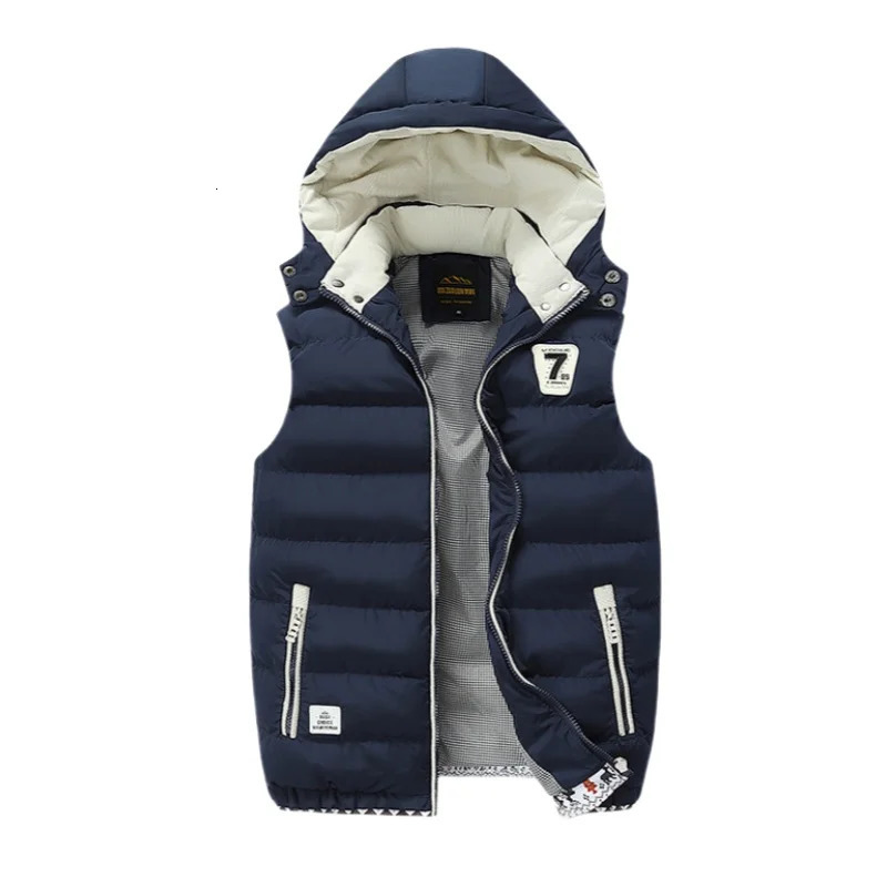Autumn Winter Mens Hooded Sleeveless Vest Casual Slim Fit Stand Collar Down Cotton Waistcoat Outdoor Fleece Thick Padded Vest 251024
