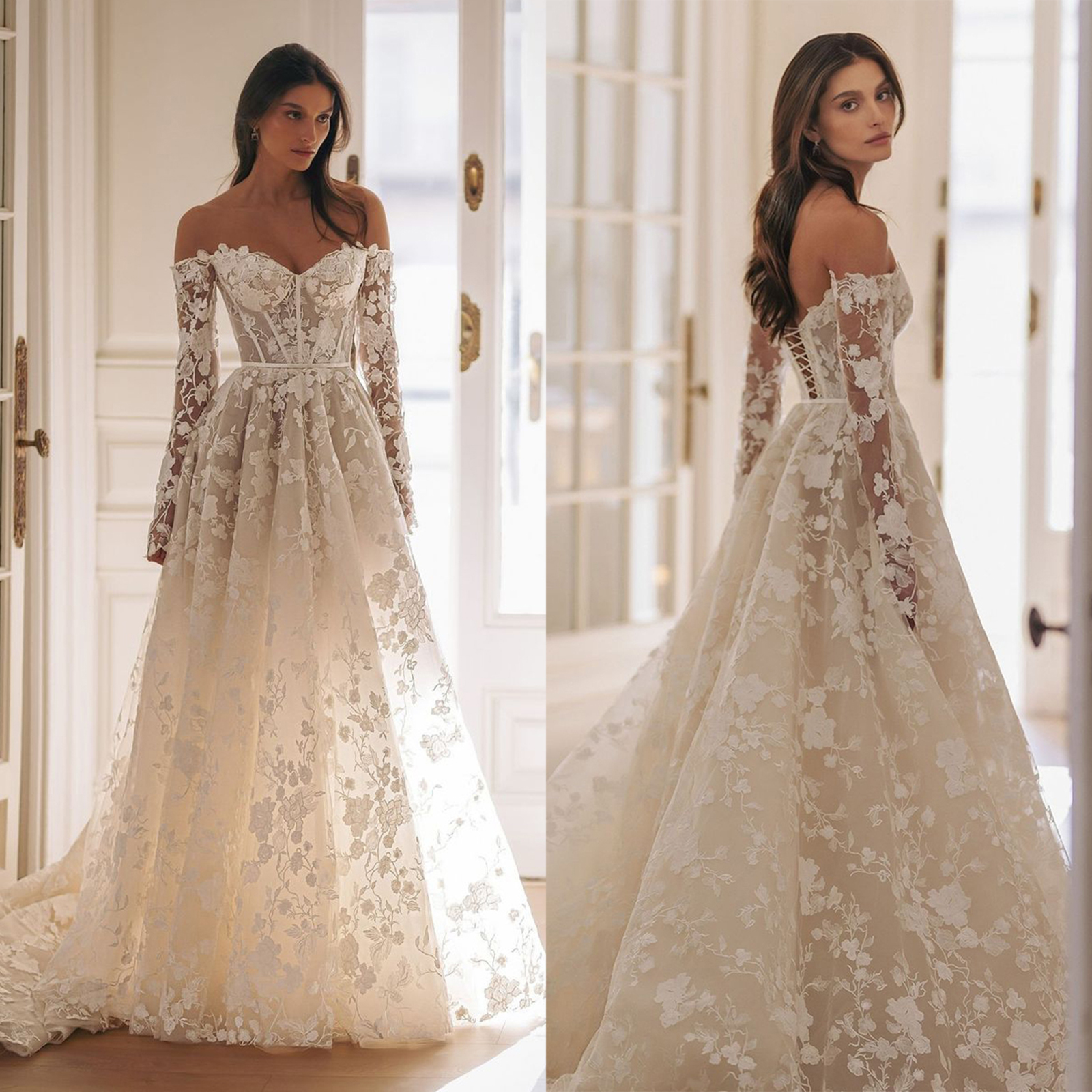 Elegant Flower Lace Wedding Dresses A Line Off Shoulder Bridal Gowns Long Sleeves Sweep Train Custom Made Garden Castle Dresses