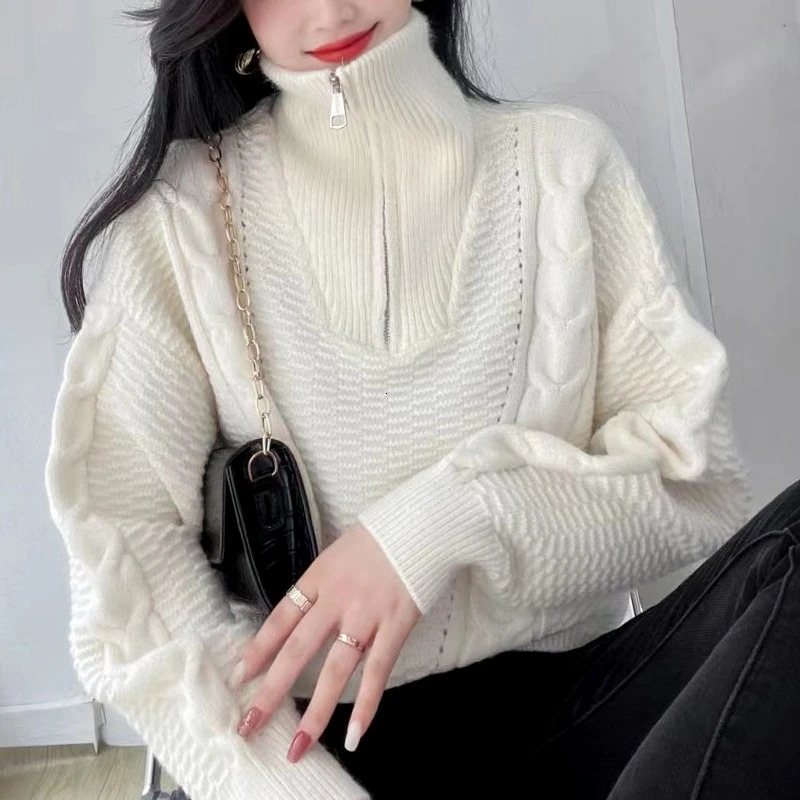 Fashion Women Long Sleeve High Neck Solid Color Looese Sweater Winter Elegant Casual Pullover Knitted Top Zipper Knitwear 251027