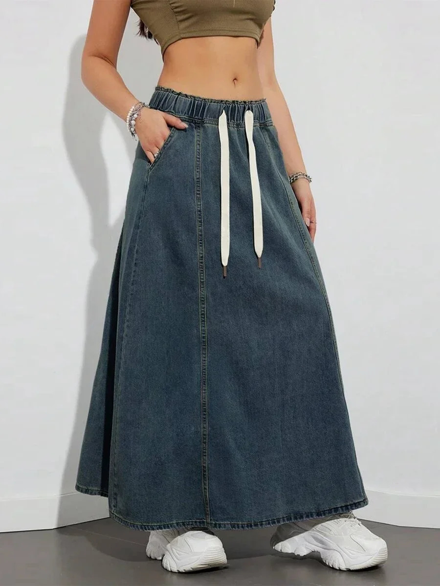 Harajuku Denim Skirt y2k Aesthetic Elastic Drawstring High Waist A Line Flare Jean Ladies Vintage Skirts Streetwear 251027