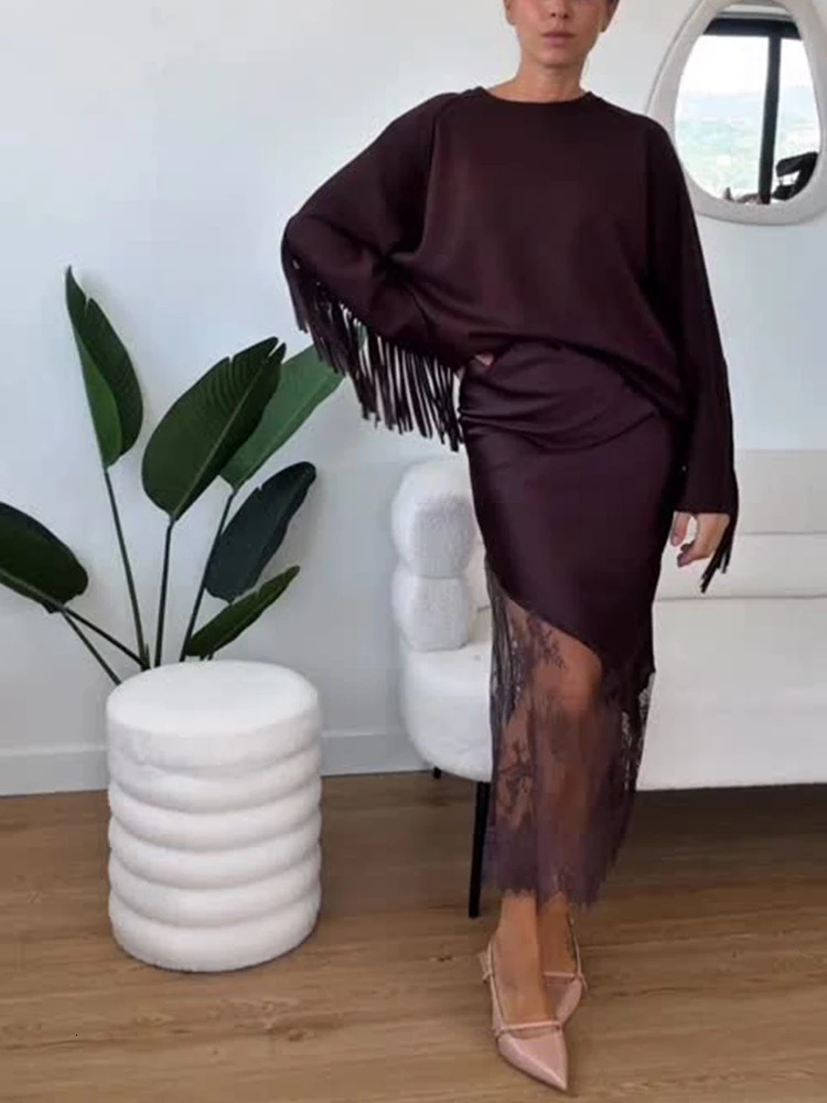 Women Elegant Patchwork Lace Skirts Fashion High Waist Slim Hollow Out Maxi Autumn Lady Brown Party Club Skirt 251027