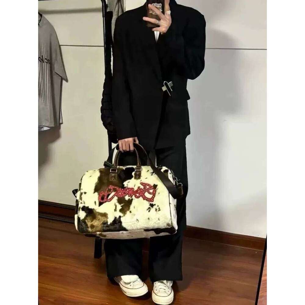 Women Soft Plush Hand New Winter Leopard Cow Print Tote Female Pu Leather Underarm Bags Furry Fluffy Shoulder Bag