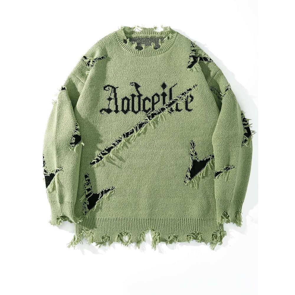 Men's Casual Streetwear Sweater - Relaxed Fit Drop Shoulder, Distressed Letter Embroidery & Ripped Details, Long Sleeve Pullover For Autumn Winte