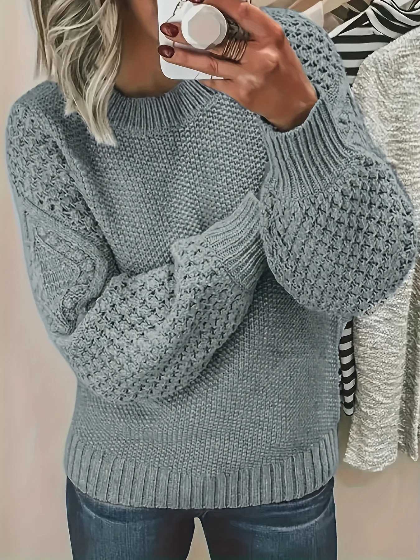 New Autumn and Winter Solid Color Round Neck Sweater Versatile for Daily Use Loose Lantern Sleeve Design Womens PulloverT251027