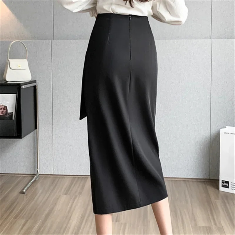 Seoulish Retro High Waist Mid Length Pencil Skirts for Women Autumn Office Lady Solid Color Wrapped Womens 251027