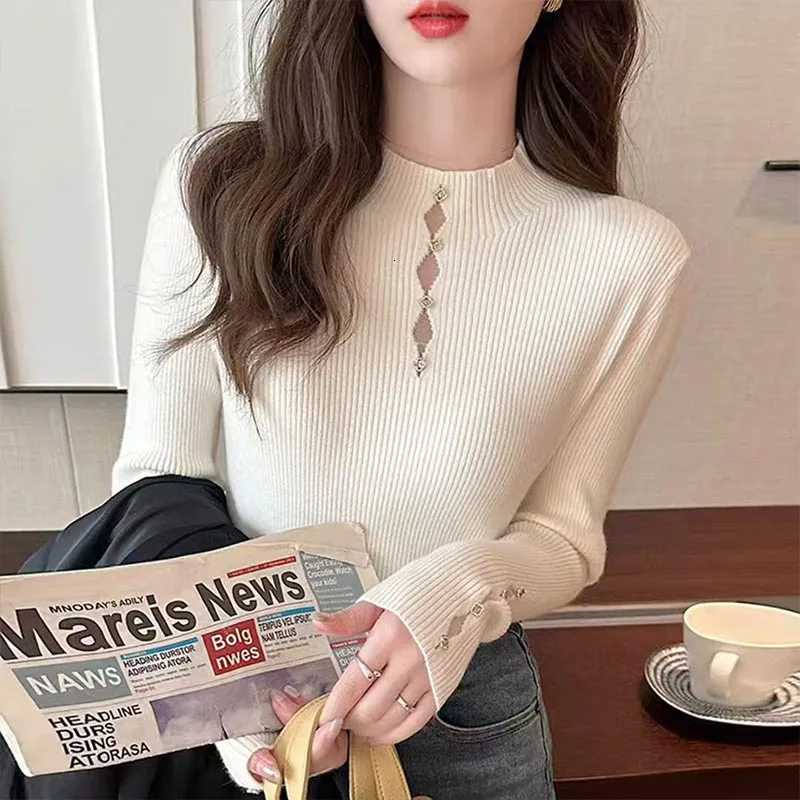 Womens Clothing Elegant Chic Hollow Out Knit Pullovers Autumn Winter New Fashion Allmatch Solid Button Sweaters Lady Y2k TopsT251027