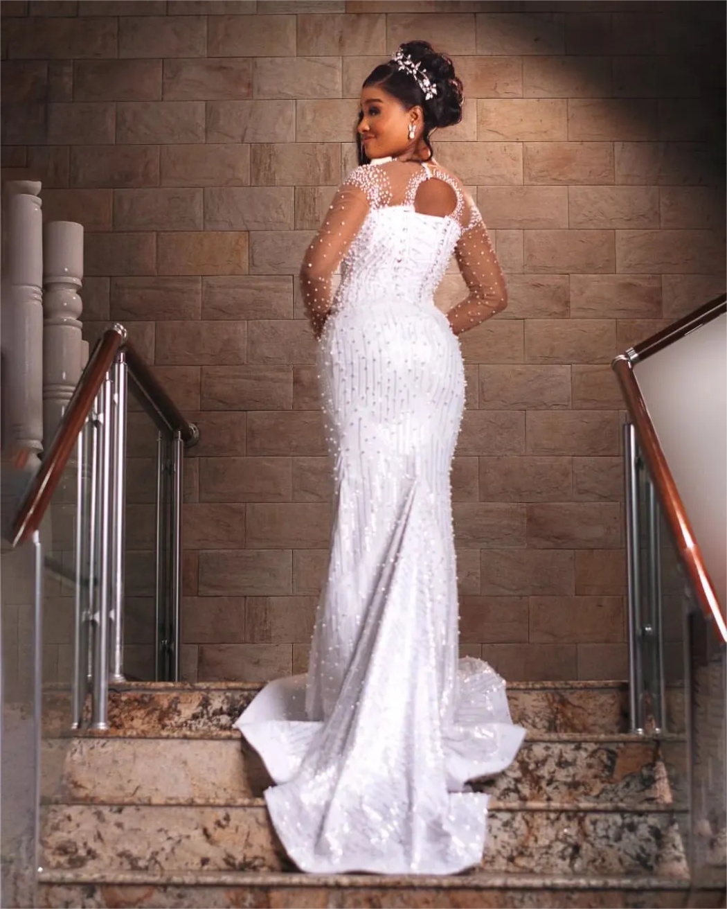 Arabic Aso Ebi Plus Size Mermaid Wedding Dress in Ivory with Full Lace Pearls Detachable Train and Full Sleeves