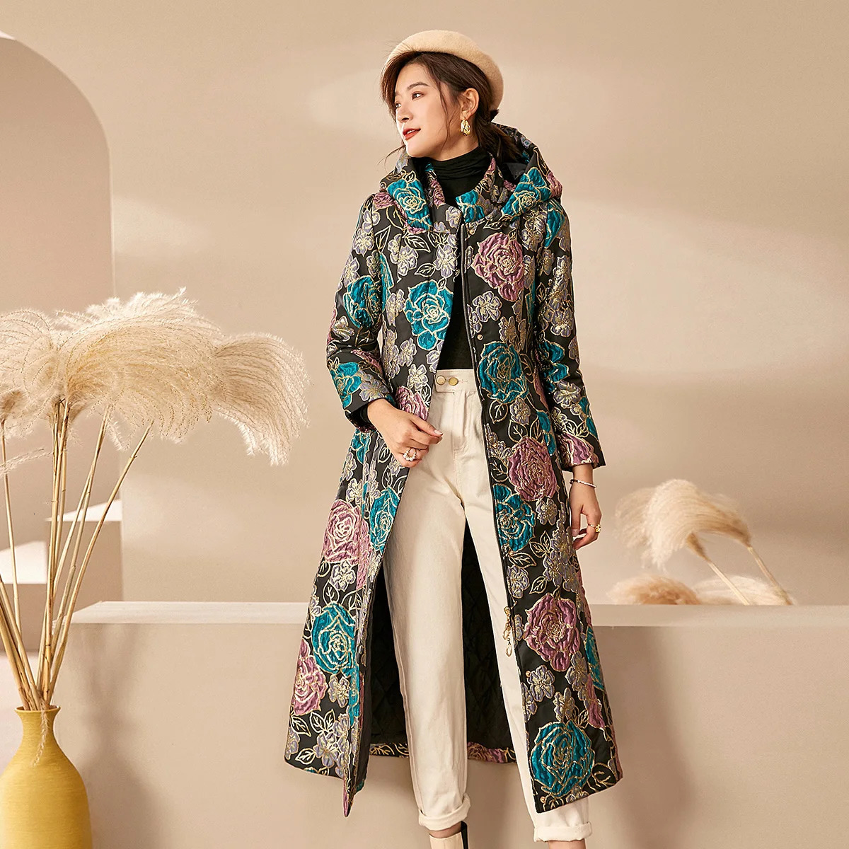 y Women Winter Jacquard Coat Hooded Floral Parkas Space Cotton Thick Long Quality Jacket Overcoat Big Size Zipper 251027