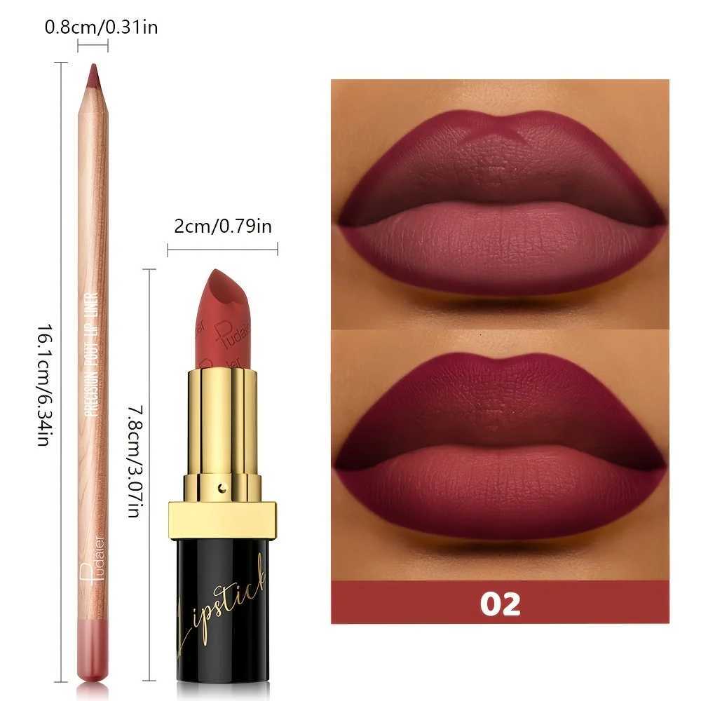 Pudaier 2pcs Matte Lipstick and Lip Liner Set Waterproof Sweatproof Longlasting Easy to Apply W251027