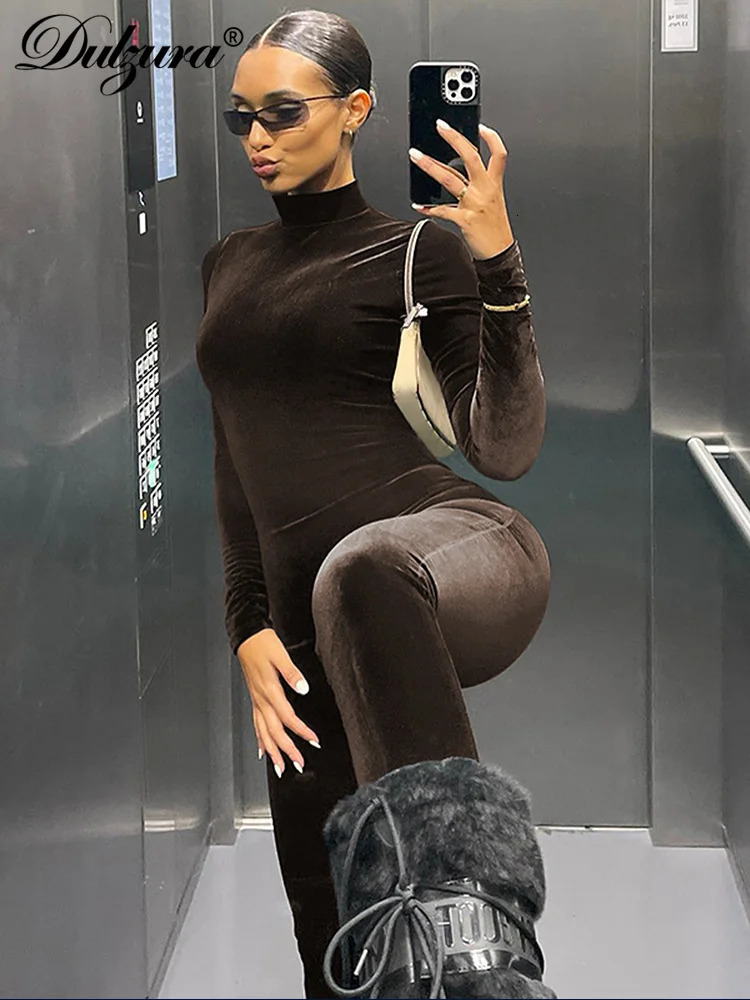 Dulzura Autumn Velvet Sexy Y2K Clothes Long Sleeve ONeck Bodycon Skinny Zipper Jumpsuit Women Sporty Streetwear Romper Outfits 251020