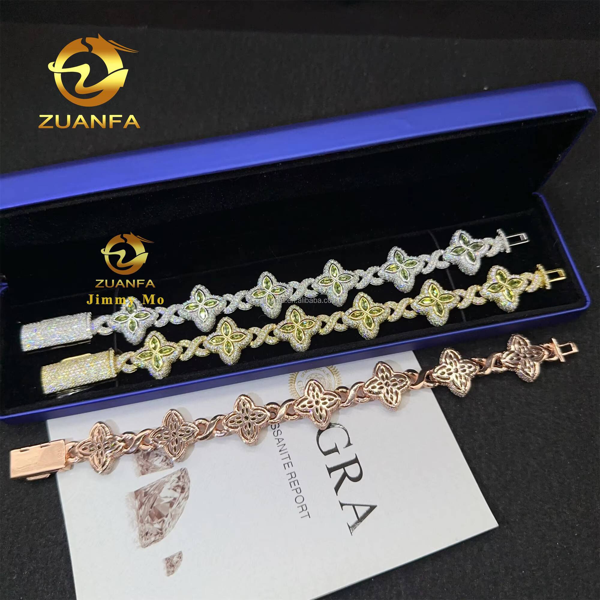 S925 Silver Marquise Flower Design Hip Hop Jewelry Iced Out Men Lab Moissanite Diamond Infinity Cuban Four Cleef Clover Bracelet