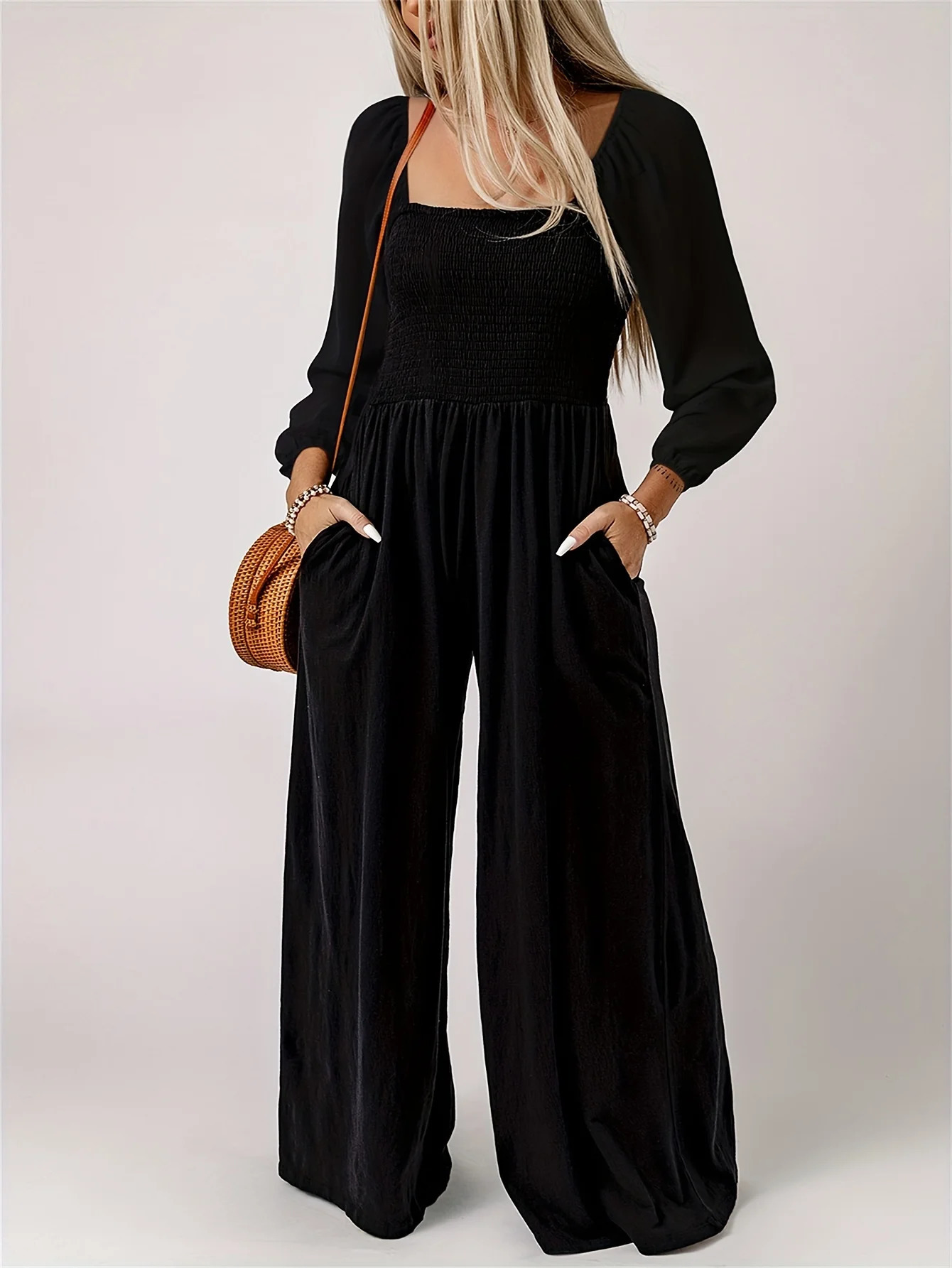 plus size solid color wide leg pants simple commuting style comfortable and casual womens high waisted jumpsuit 251027