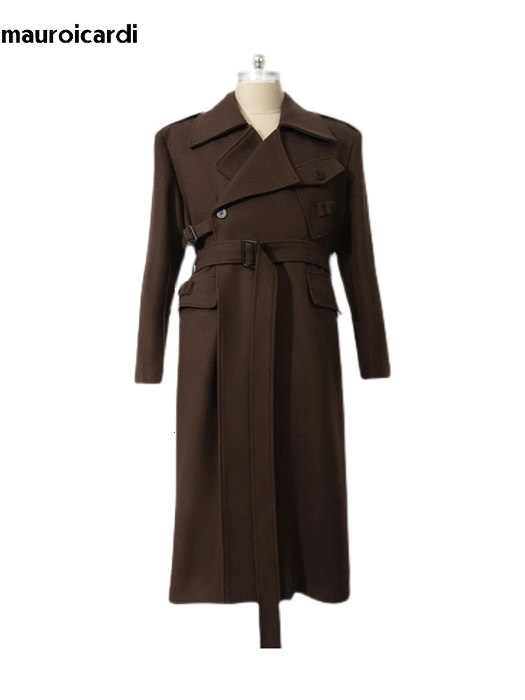 Mauroicardi Autumn Winter Cool Elegant Long Warm Black Woolen Trench Coat Men Belt Clothes Wool Blends Overcoat 251020
