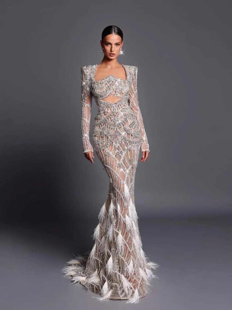 Luxury Mermaid Evening Long Sleeve Crystal Rhinestone Feather Prom Dresses Celebrity Feathers Customized Vestidos De Novia