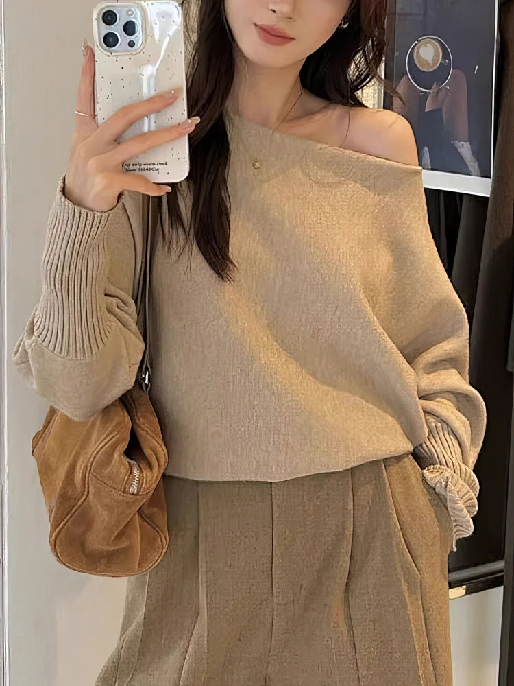 Batwing Long sleeve Knitted Pullover Women 300g Thick Off shoulder Top Korean Fashion Sweater Loose Casual Autumn Outwear Pull 251027