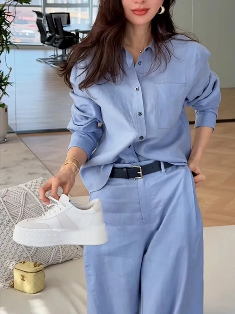 Summer Women Long Sleeve Shirt Wide Leg Pants Two Piece Set Office Lady Cotton Linen Work Outfits Comfortable Matching Suit Sets 251027