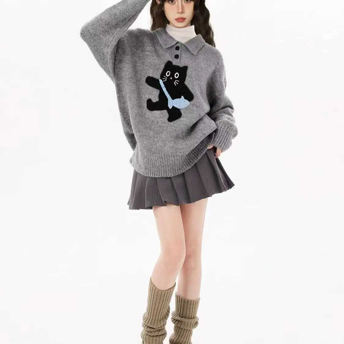 Gray Polo Cat Sweater Women Winter Knit Pullover with Collar Y2K Oversized Lazy Style Top Thickened Plush Crewneck Feline PT251027