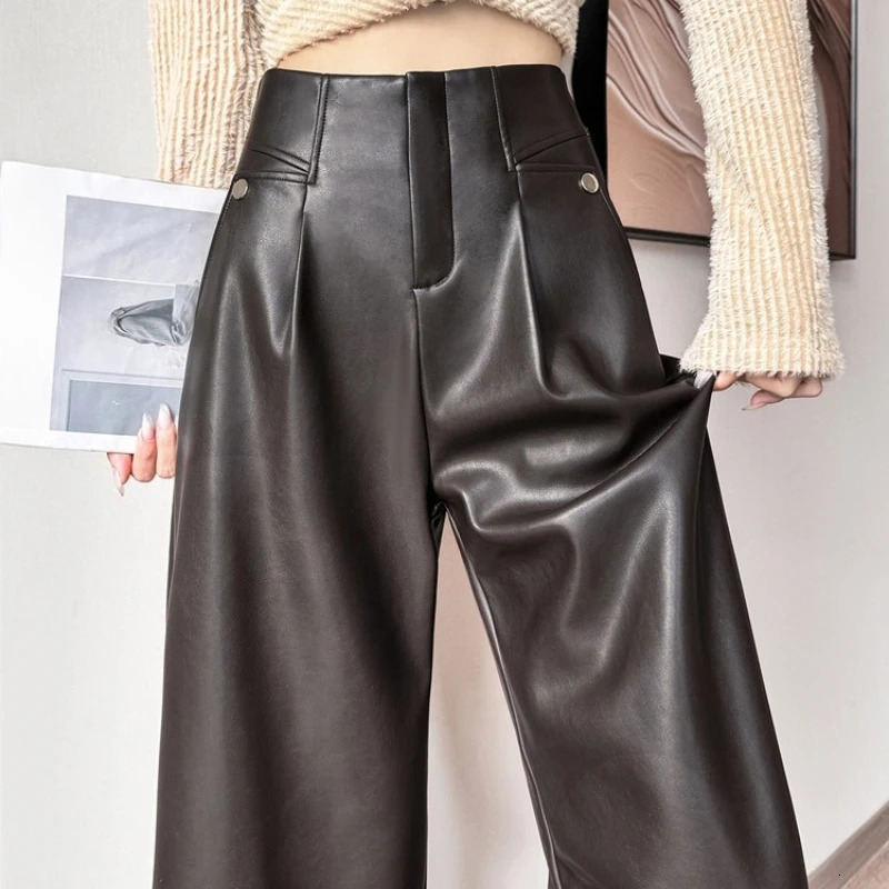 Autumn Winter Vintage High Waist Womens Black PU Leather WideLeg Pants Pockets Casual Loose FloorLength Female 251027