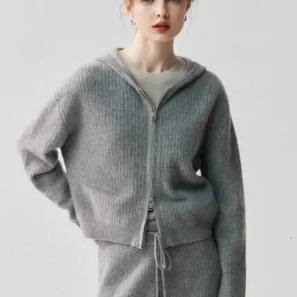 Old Qian Feng Cashmere Suit Women Hooded Loose Cardigan Wide-Leg Pants Autumn And Winter Thick Knitted Coat