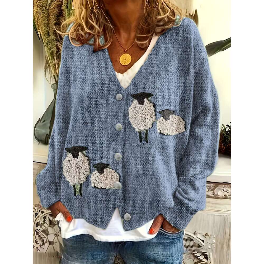 Cozy Cardigan Soft Women's V-Neck Cardigan | Cozy Sheep Print Mid-Stretch Long Sleeve Button Front Relaxed Fit Fall Winter Warm Pullover For Casu