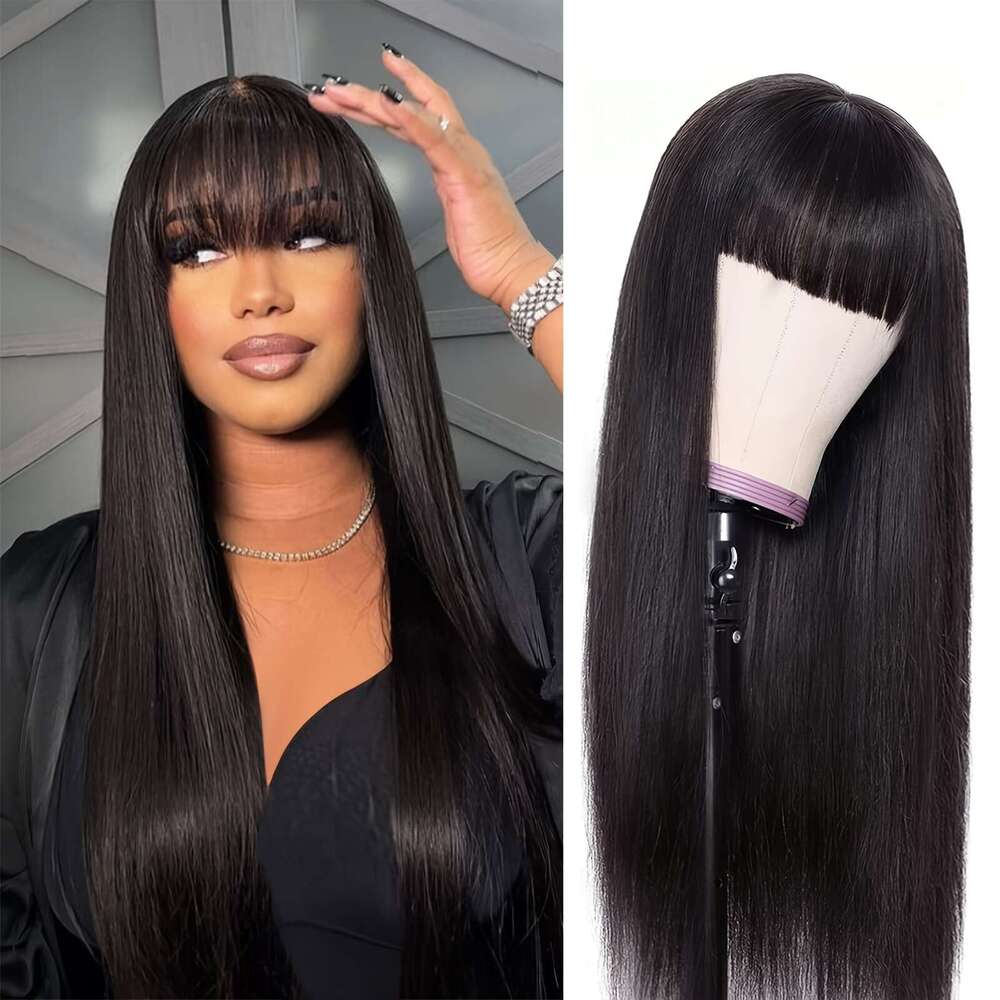 Elegant 26-Inch Long Straight Synthetic With Bangs - Heat Resistant Fiber, Versatile Black Hair For Daily Use & Cosplay Parties, Women's Closed N