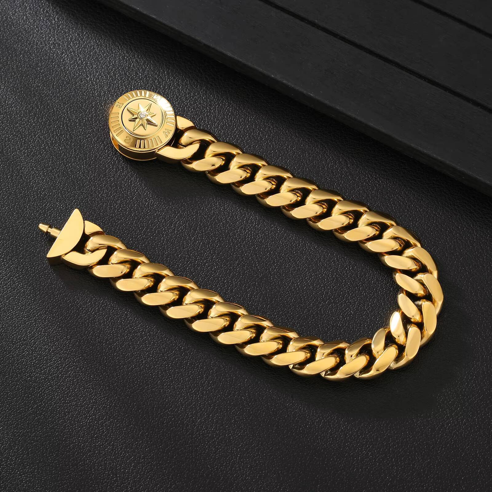 Easter Faith Gifts Cross Lion Compass Antitarnish Jewelry 18K Gold Plated Stainless Steel Mens Miami Cuban Link Chain Bracelet