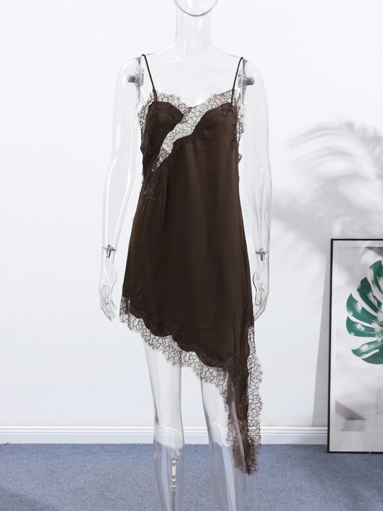Brown Satin Sexy Lace Spliced Short Sling Dress Women Vneck Sleeveless Backless Asymmetric Party Dresses 2025 Summer Lady Robes 251027