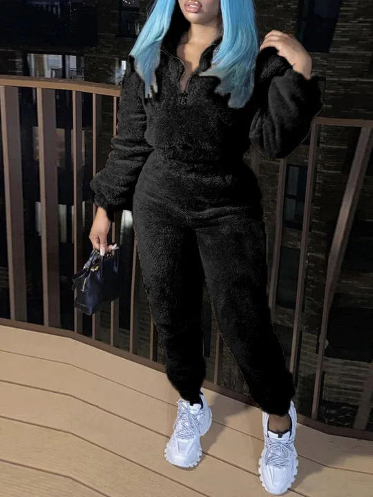 Winter Plush Two Piece Set Casual Home Warm Suit For Women Fashion Zipper Lapel Pullover Top Elastic Waist Trousers 251027