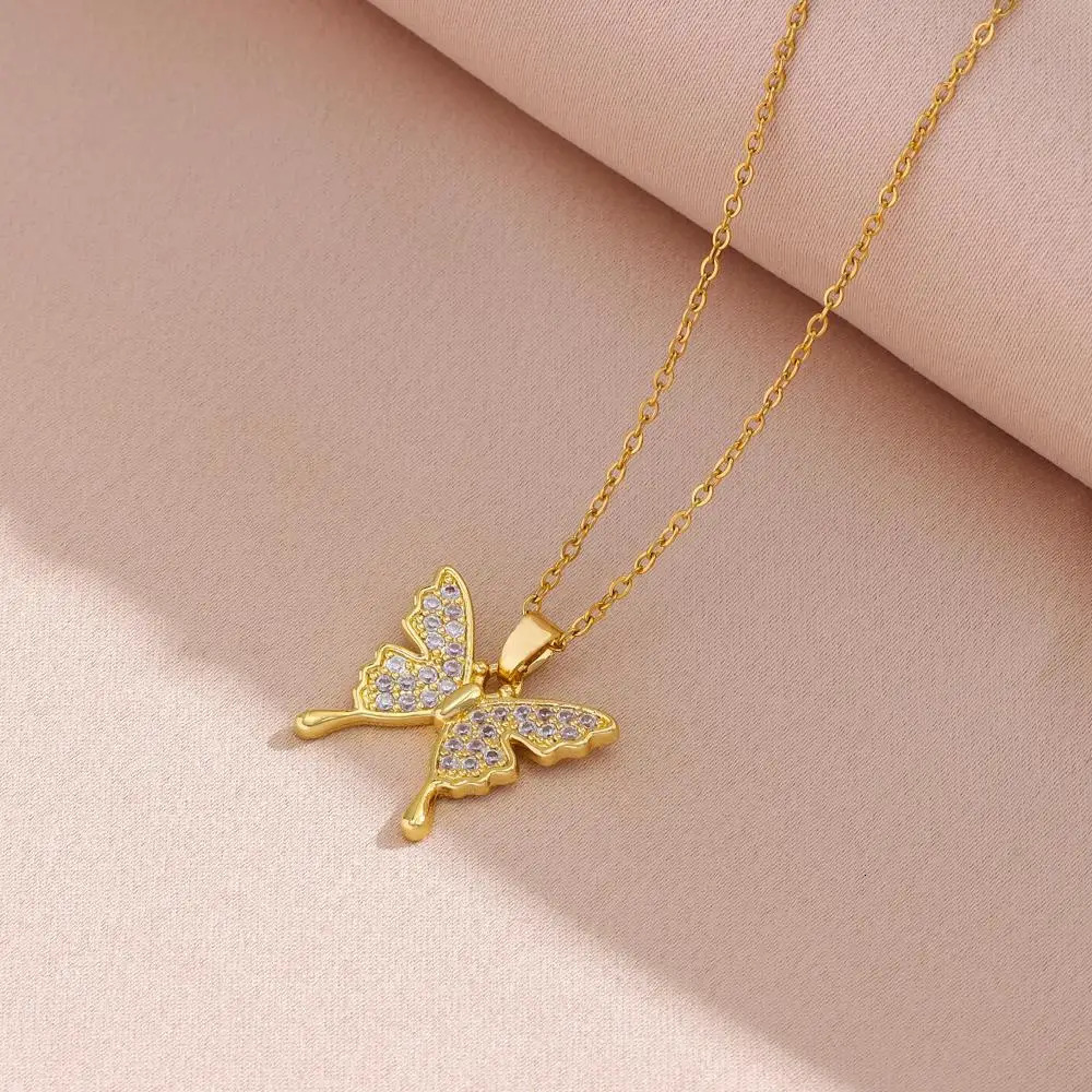 In Fashion Zircon Butterfly Pendant Necklace For Women Female Daily Wear Stainless Steel Clavicle Chain Jewelry Wholesale 251023