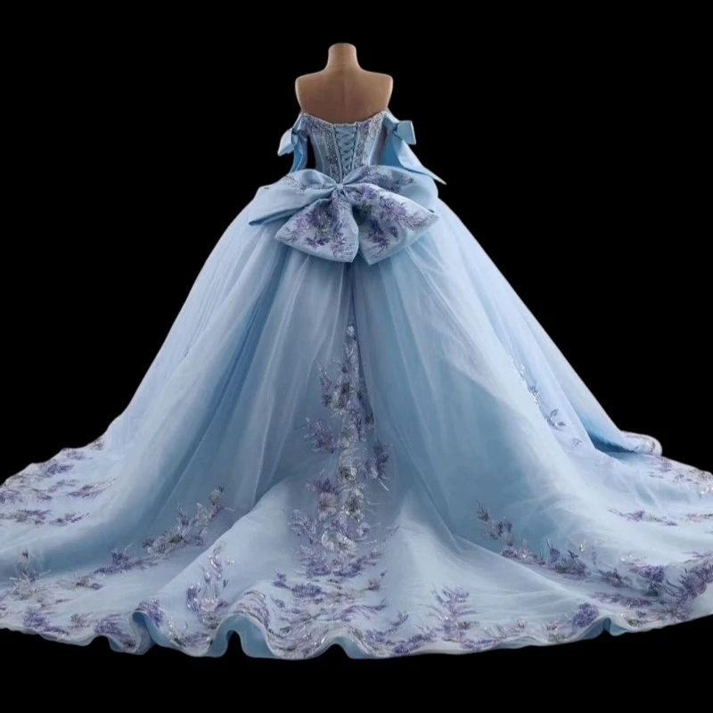 Sky Blue Quinceanera Dresses Off The Shoulder Applique Lace Beading Crystal Corset Tull Bow Party Birthday Sweet 16 Dress Vestidos 15 Anos