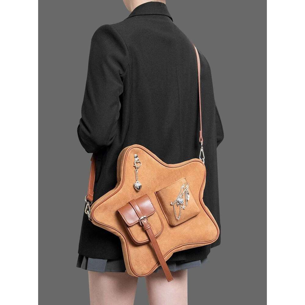 Original Retro Brown Pentagram Pendant Brooch Decoration Multi-Pocket Double Shoulder Messenger Bag Casual Backpack