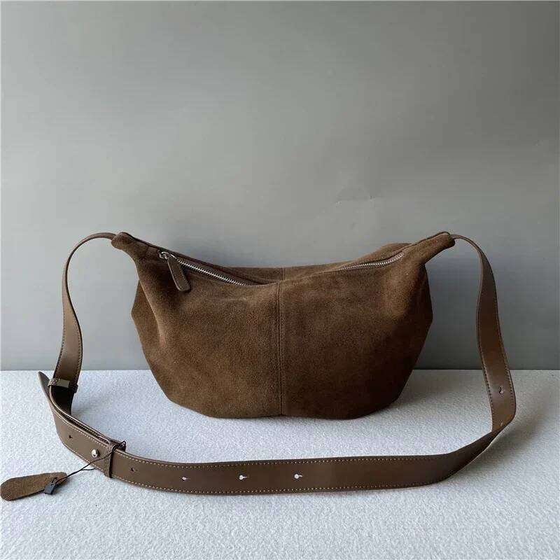 New 2025 Winter Russia Style Camel Deep Red Armpit Underarm Shoulder Matting Suede Cow Leather Female Crossbody Bag