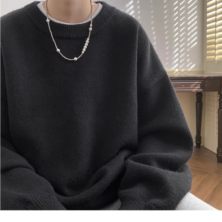 Fleece-lined Thick Inner Layer Knitted Sweater Trendy Brand Men's Autumn Winter Loose Lazy Designer Sweater Style High-end Sweater