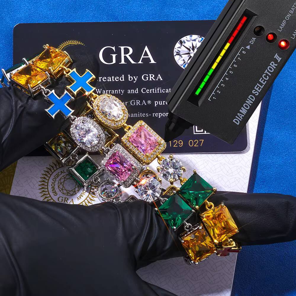 NUOYA VVS Moissanite Oil Drop Cross Chain Bracelet 10mm 925 Silver Multi Color Enamel Geometric Motif Iced Out Hip Hop Jewelry