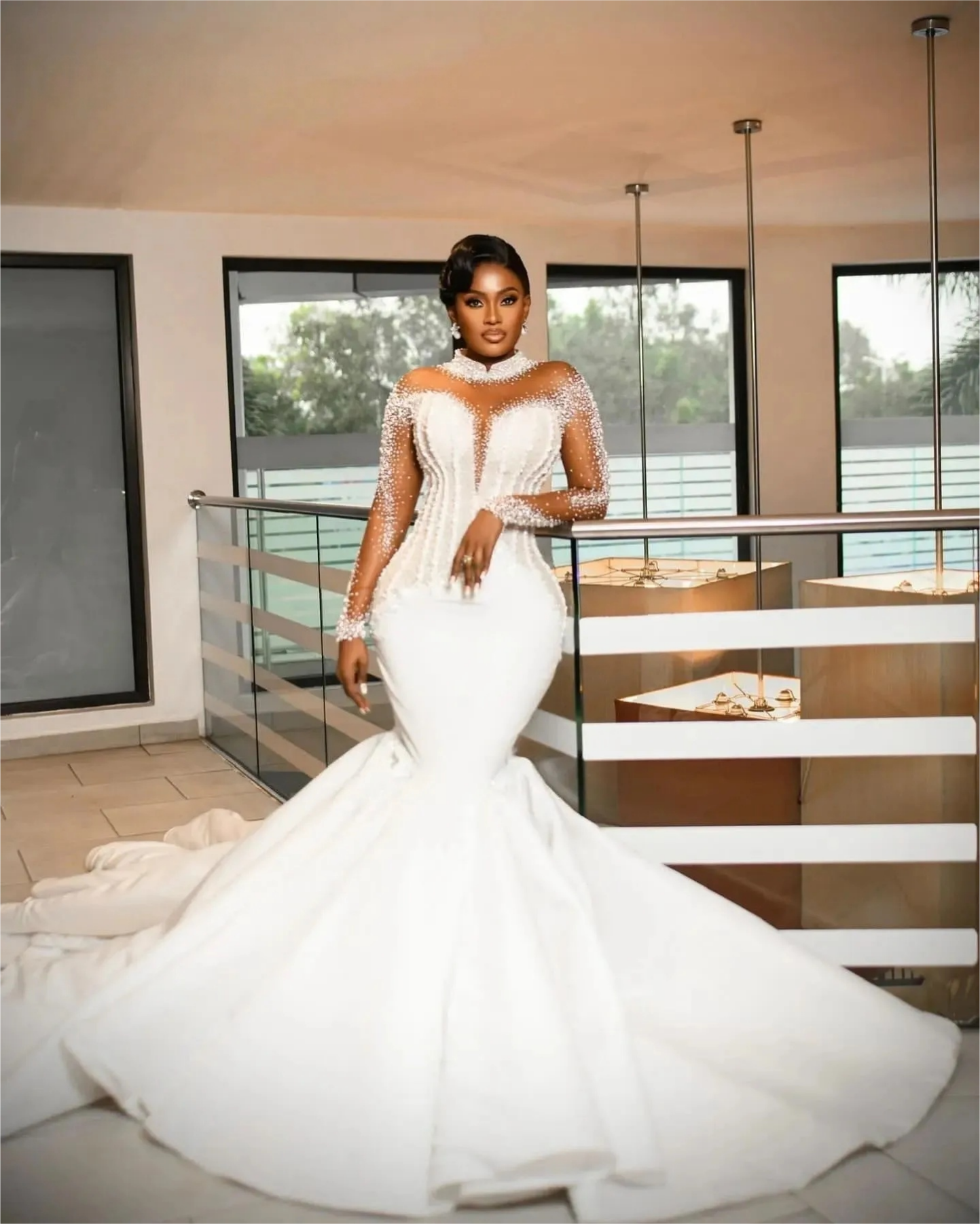 Aso Ebi White Mermaid Wedding Dresses Pearls Beaded Luxurious Satin Long Sleeves Bridal Gown