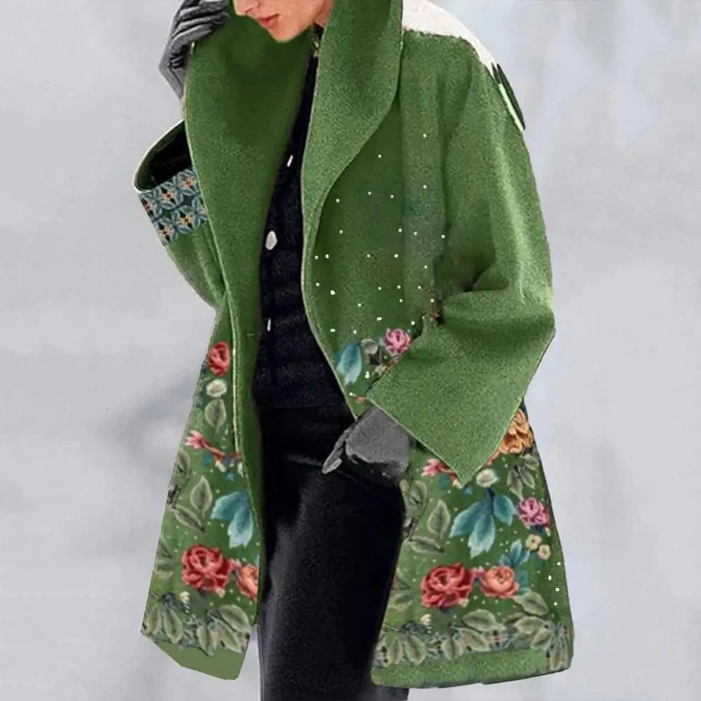 Spring Jacket Elegant Flower Print Womens Fall Winter Overcoat with Turndown Collar Plus Size Mid Length Loose Thick Warm Long 251027