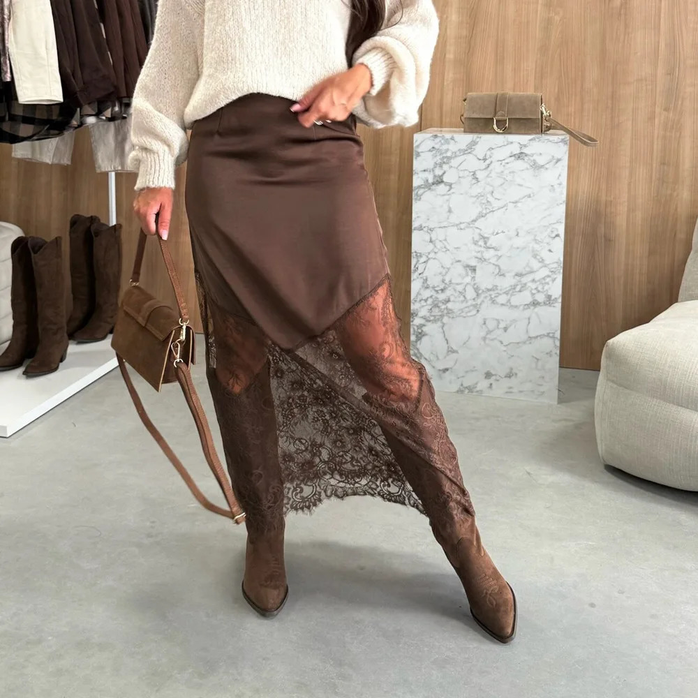 Elegant MidLength Lace Patchwork Womens Skirt Bodycon Mini Dress CrossBorder Autumn Winter Street Style Pure Color Trend 251027