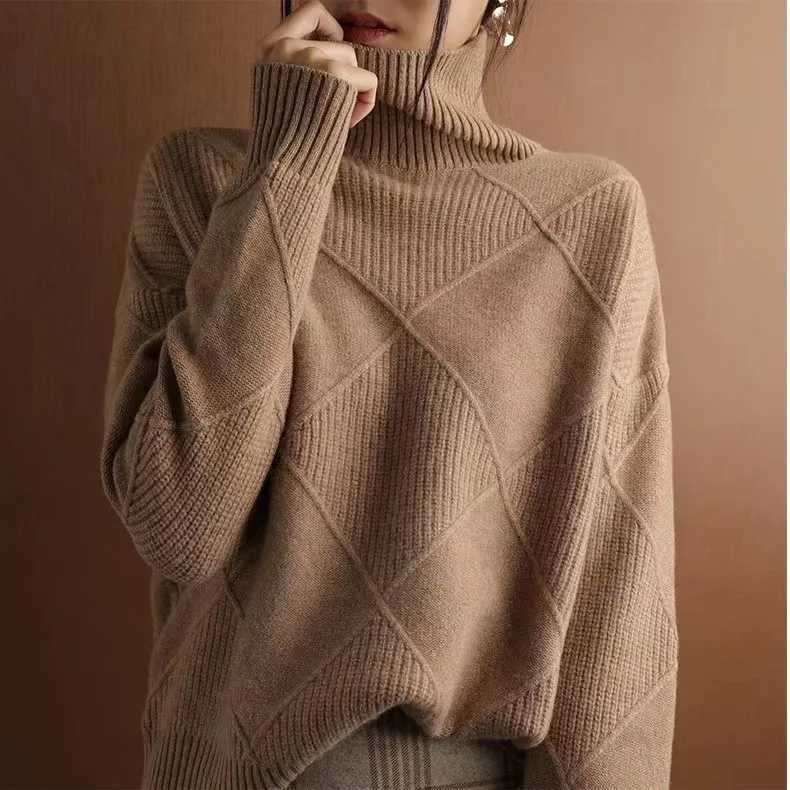 Casual Home Turtleneck Sweater For Women Loose Solid Warm Pullover Top Spring Autumn Lazy Wind Knitted Bottoming Shirt 2025 NewT251027