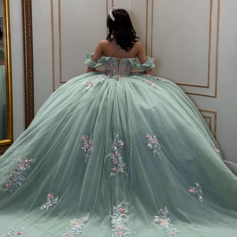 Mint Green Quinceanera Dresses Off The Shoulder Applique Lace Beading Tull Party Birthday Sweet 16 Dress Vestidos 15 De