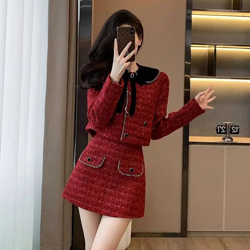 Autumn Winter Sequins Tweed 2 Piece Sets Women Spliced Long Sleeves Jackets Blazer Elegant Straight Mini Sskirt Suits 251023