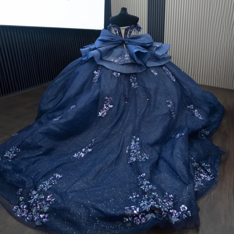 Navy Blue Shiny Quinceanera Dresses Off The Shoulder Sequin Applique Lace Beads Bow Corset Tull Party Birthday Sweet 16 Dress