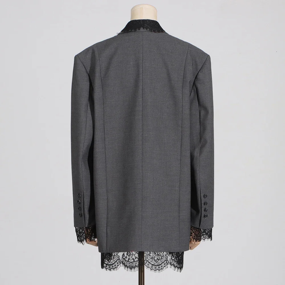VGH Chic Solid Spliced Lace Edge Blazers for Women Notched Collar Long Sleeve Temperament ner Coats Female Clothes Style 251027