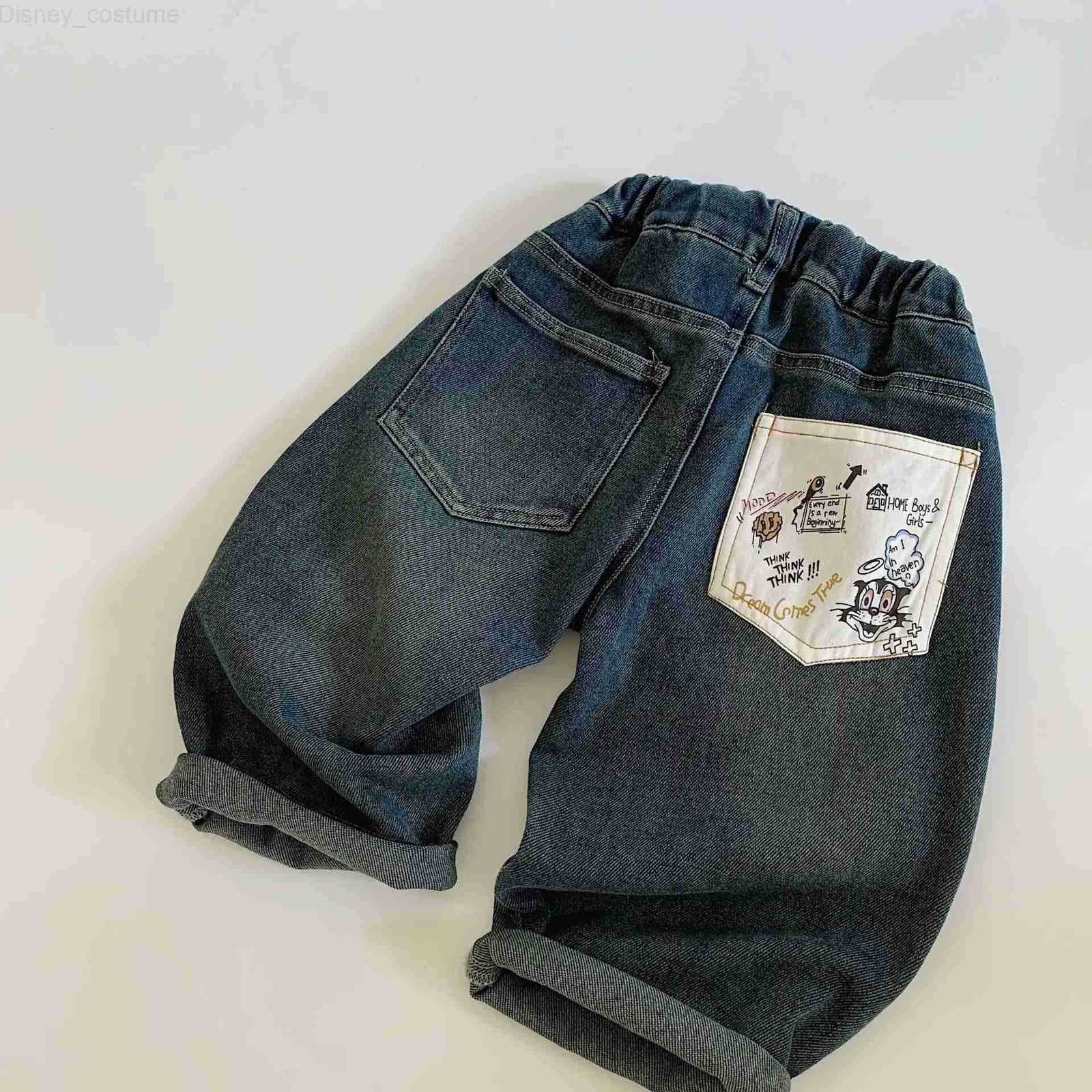 Disney Autumn Infant Baby Boys Pants Cartoon Embroidery Toddler Boys Ankle Length Pants Mid Casual Pocket Kids Baby Boys Wide Leg Jeans H251027