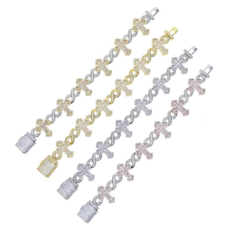 New Fashion Women Men Cross Number 8 Full Bling Paved Hip Hop Bracelet TwoStone Setting Cuban Chain Jewelry